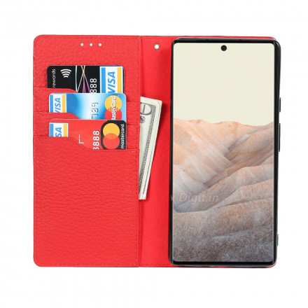 Flip Cover Google Pixel 6 Cuir Litchi Véritable à Lanière Flip Cover Google Pixel 6 Cuir Litchi Véritable à Lanière