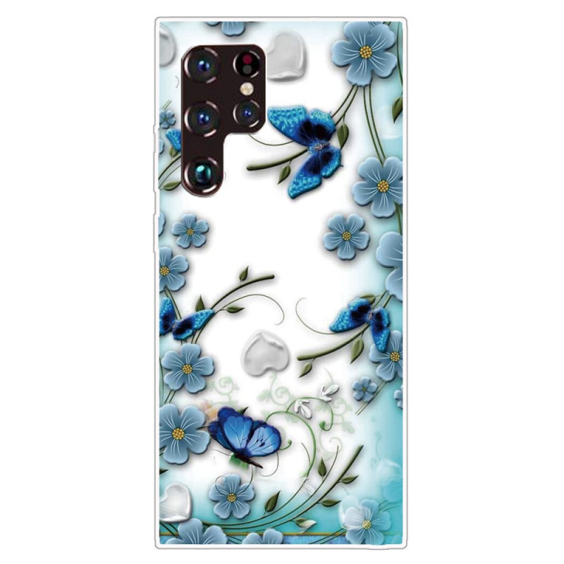Coque Samsung Galaxy S22 Ultra 5G Papillons et Fleurs Rétros