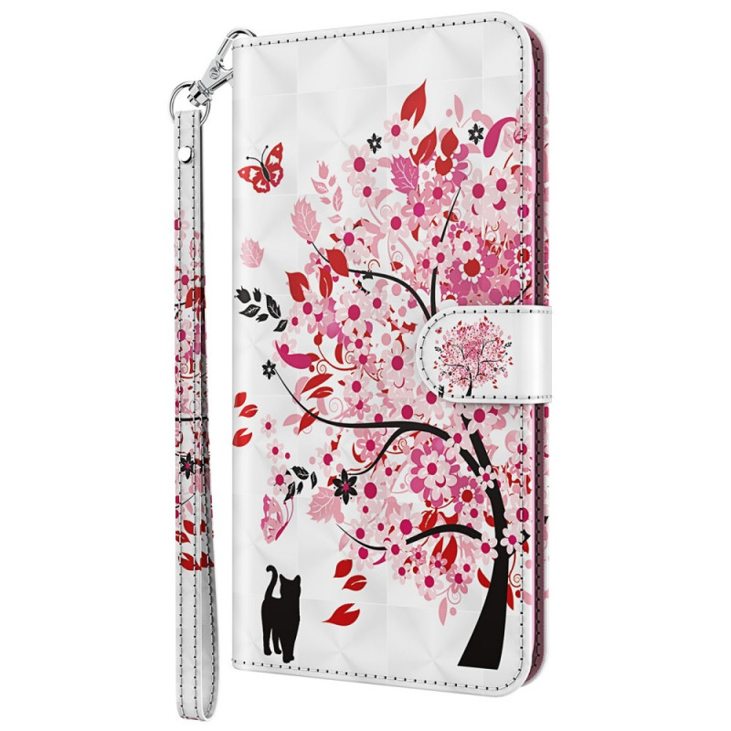 Housse Moto E40 / E30 / E20 Arbre Rose et Chat Noir