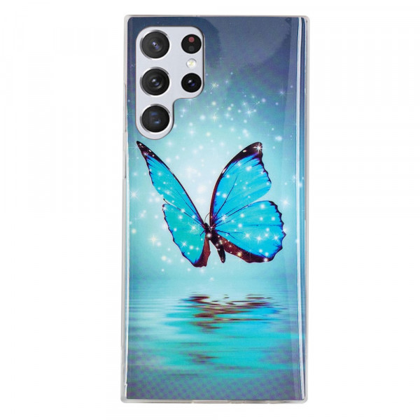 Coque Samsung Galaxy S22 Ultra 5G Papillons Bleus Fluorescente