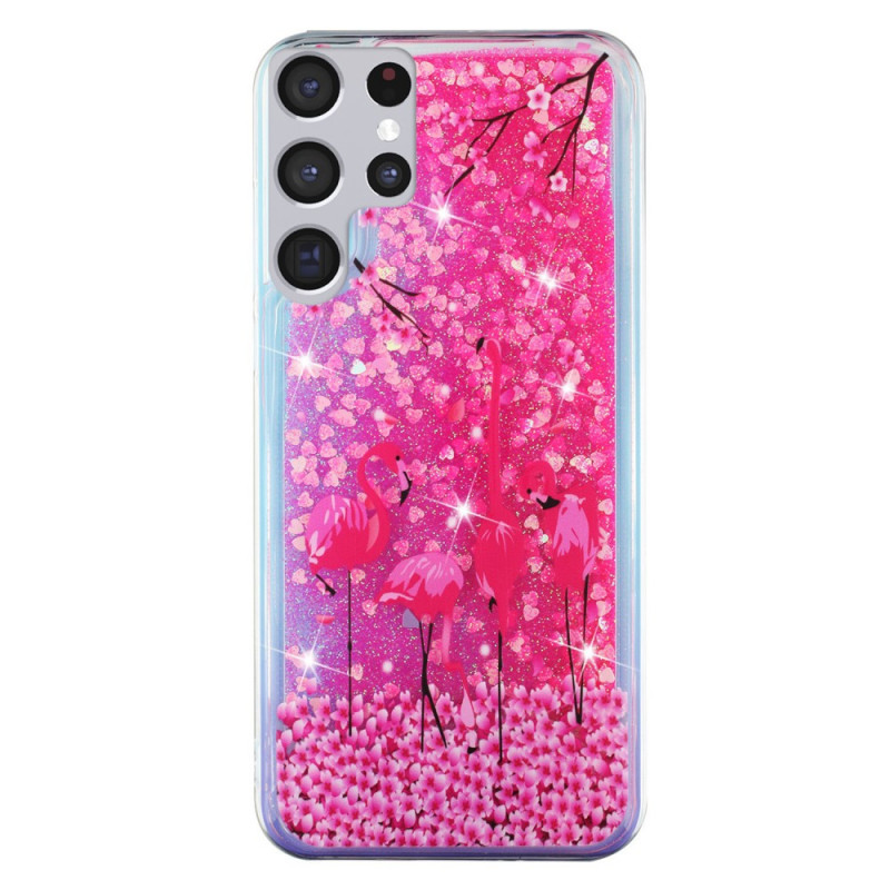 Coque Samsung Galaxy S22 Ultra 5G Paillettes Flamants Roses