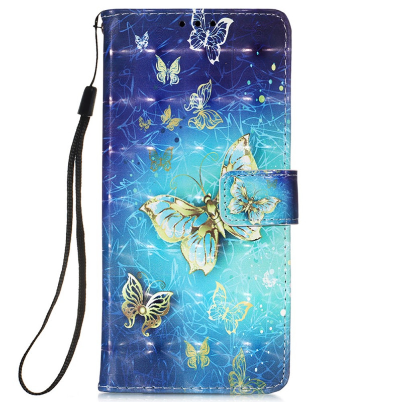 Housse Samsung Galaxy S22 Ultra 5G Papillons Dorés Lanière