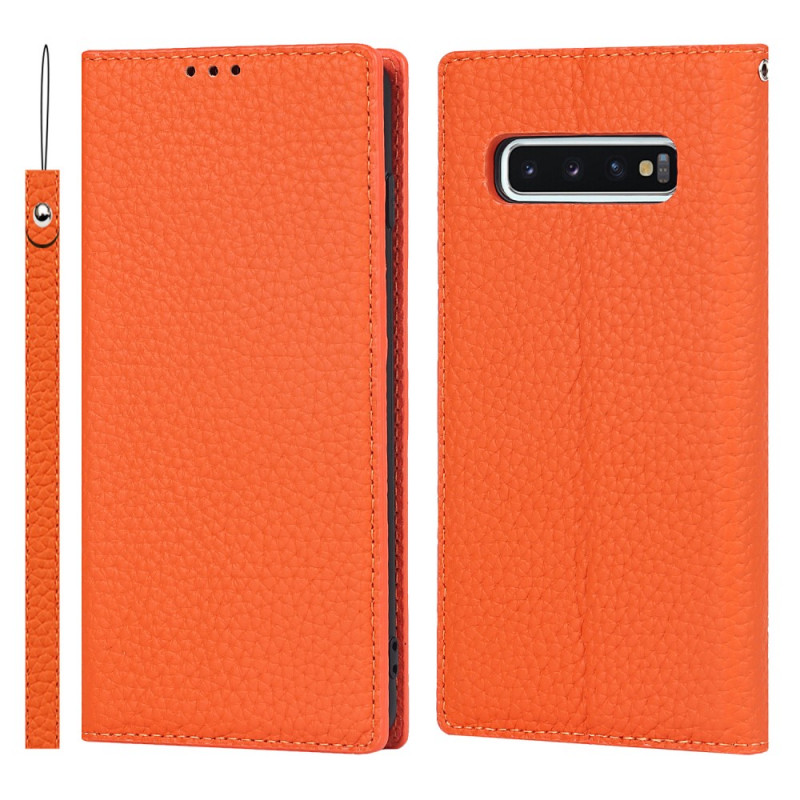 Flip Cover Samsung Galaxy S10 Cuir Litchi Véritable à Lanière