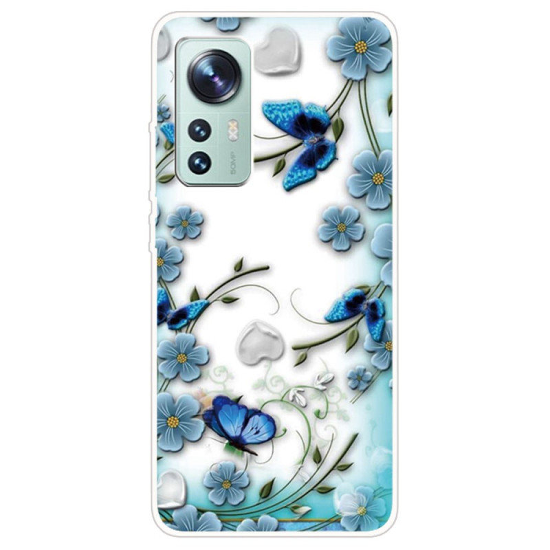 Coque Xiaomi 12 / 12X / 12S Fleurs et Papillons Bleus