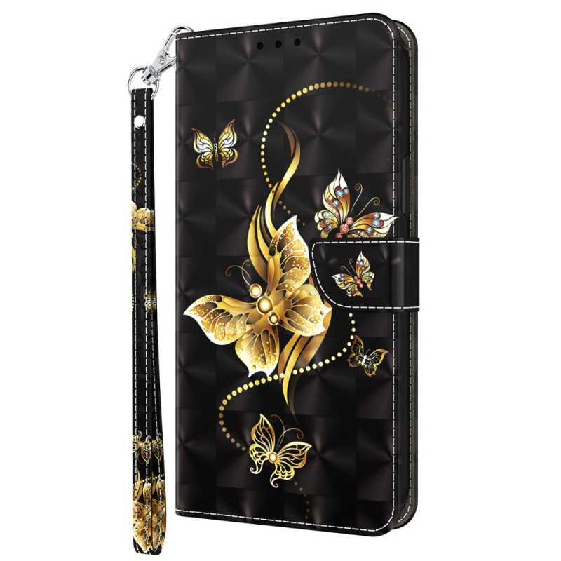 Housse Xiaomi Redmi 12C Papillons en Or à Lanière