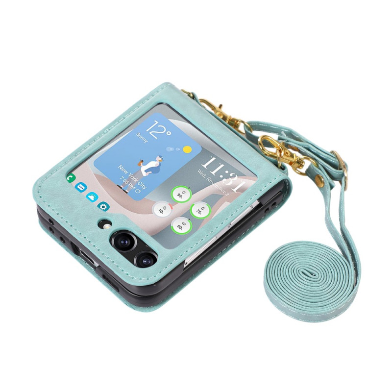 Coque Samsung Galaxy Z Flip 5 Style Cuir Porte-Cartes et Bandoulière