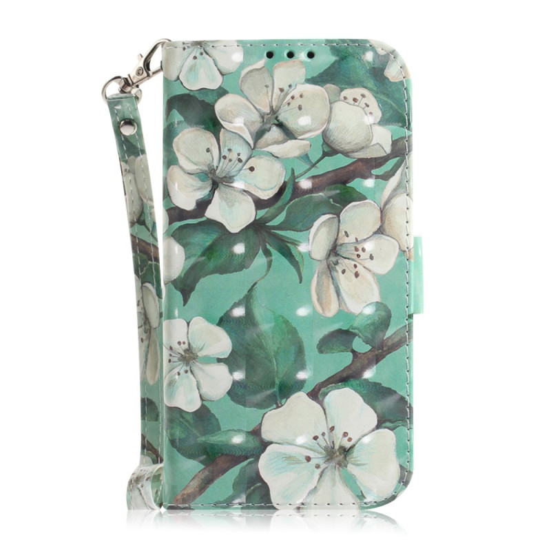 Housse Xiaomi Redmi 12 Fleurs Blanches à Lanière