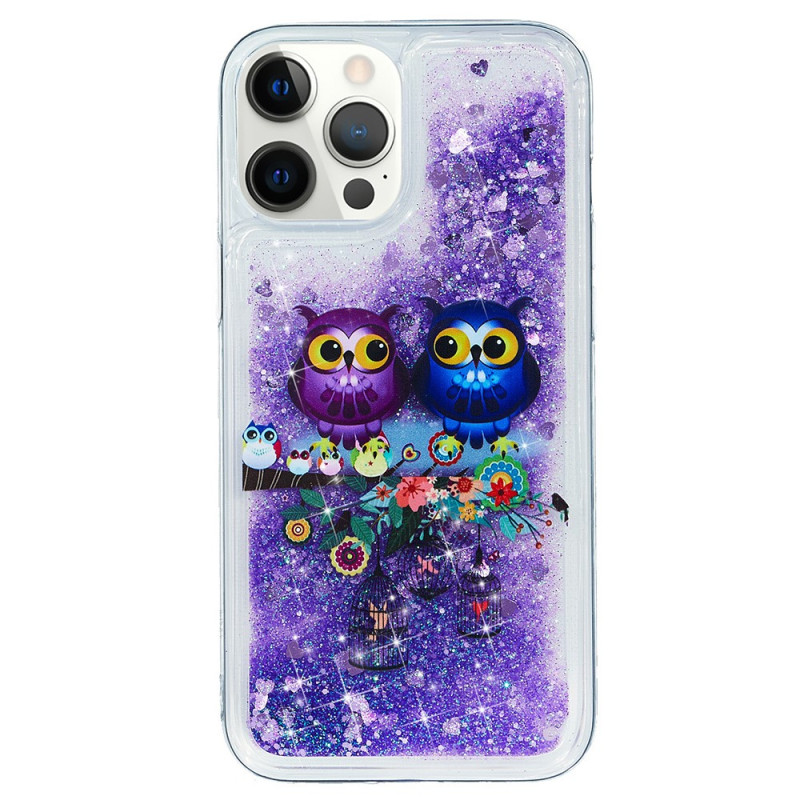 Coque iPhone 15 Pro Paillettes Couple de Hiboux