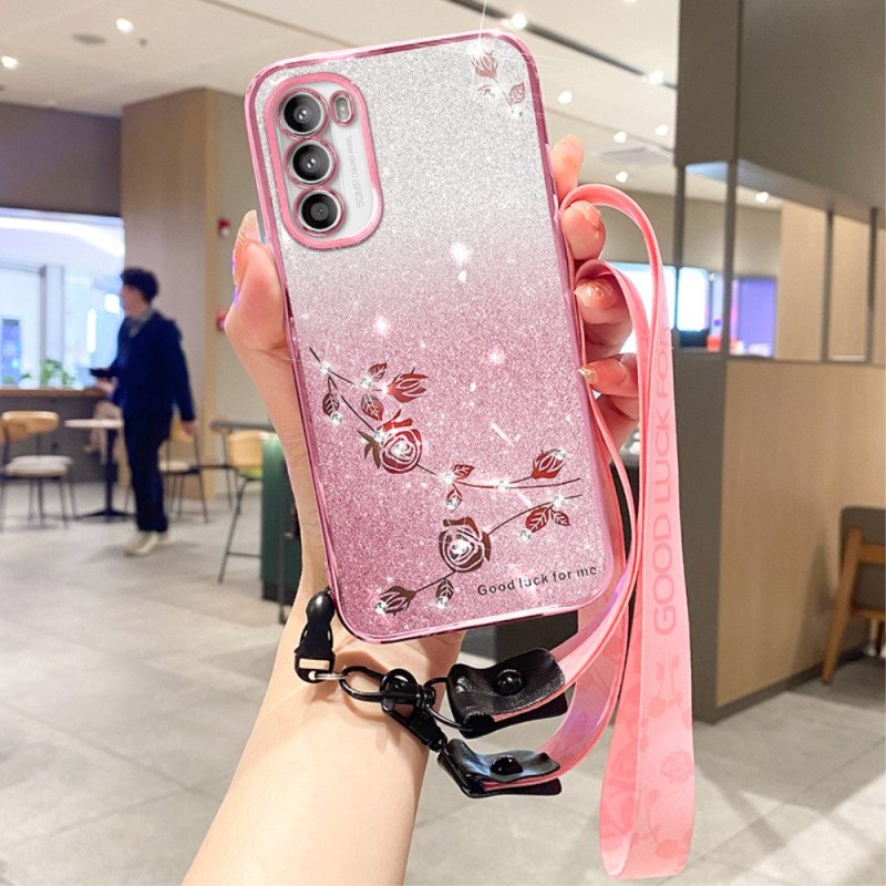 Coque Moto G82 5G / G52 Paillettes Roses avec Lanière