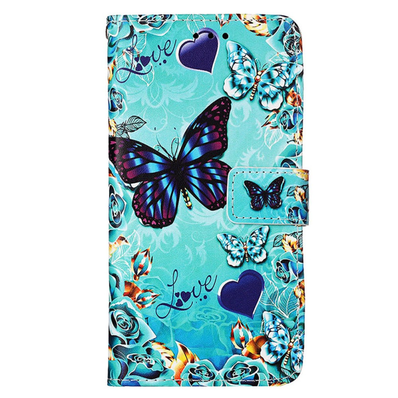 Housse Samsung Galaxy S24 5G Papillons et Cœurs à Lanière