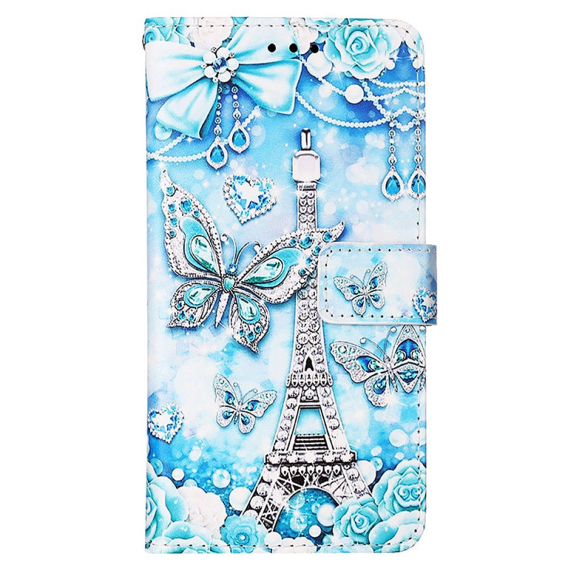 Housse Samsung Galaxy S24 Tour Eiffel et Papillons à Lanière