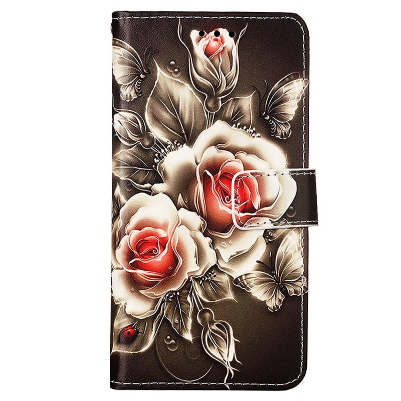 Housse Samsung Galaxy S24 5G Roses sur Fond Noir à Lanière