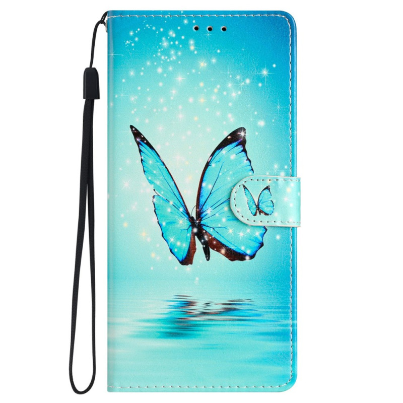 Housse Samsung Galaxy S24 5G Papillons Bleus à Lanière