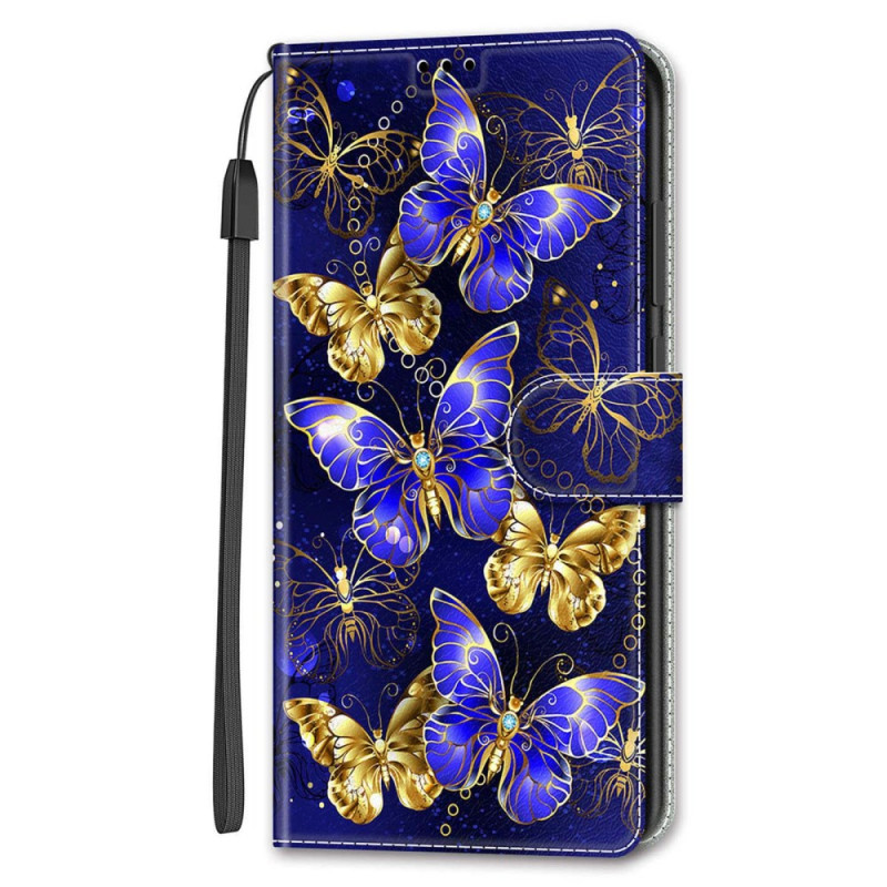 Housse Samsung Galaxy S24 5G Papillons Dorés et Bleus à Lanière