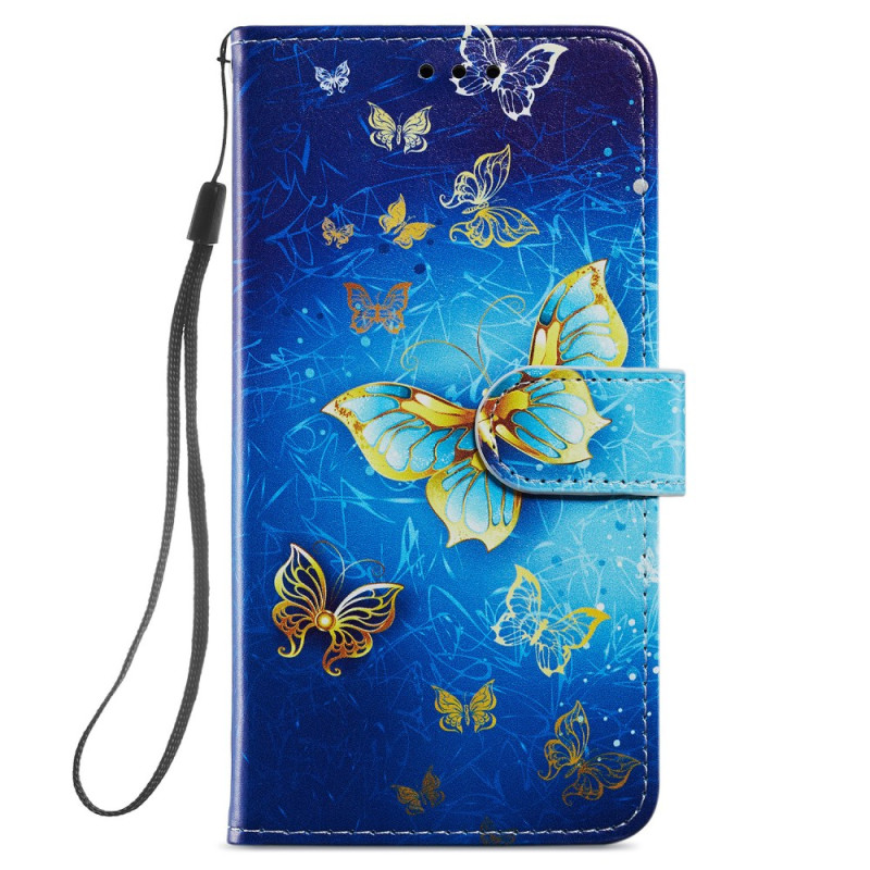 Housse Samsung Galaxy S24 5G Beaux Papillons Dorés à Lanière