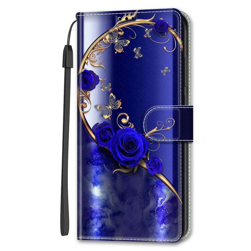 Housse Samsung Galaxy S24 5G Roses Bleues et Papillons Dorés à Lanière