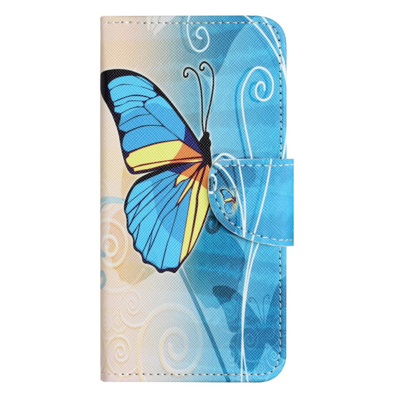 Housse Samsung Galaxy S24 5G Papillon Bleu et Jaune à Lanière