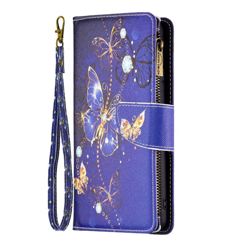 Housse Samsung Galaxy S24 5G Portefeuille Papillons Violets à Lanière