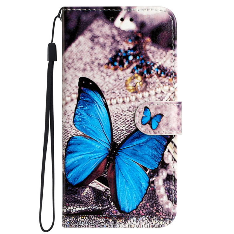 Housse Samsung Galaxy S24 5G Papillon Bleu à Lanière