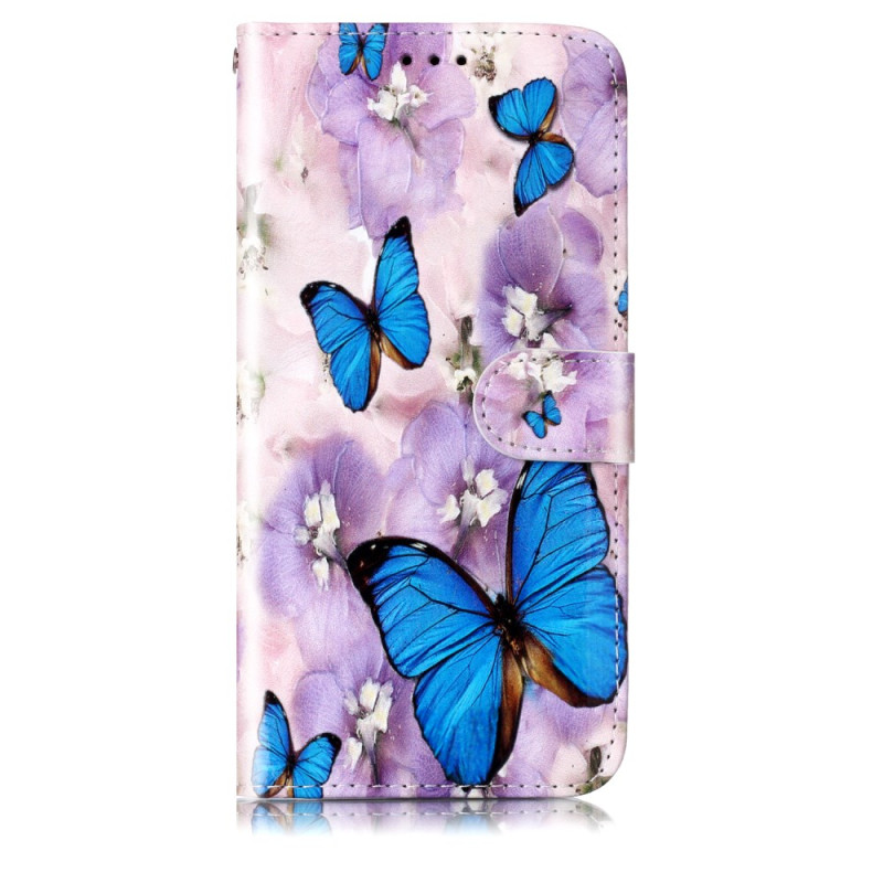 Housse Samsung Galaxy S24 5G Fleurs Violettes et Papillons à Lanière