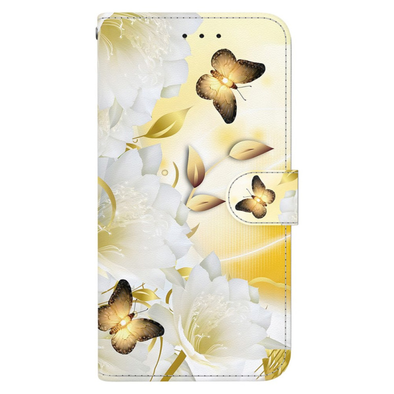 Housse Moto G84 5G Papillon Dorés et Fleurs à Lanière