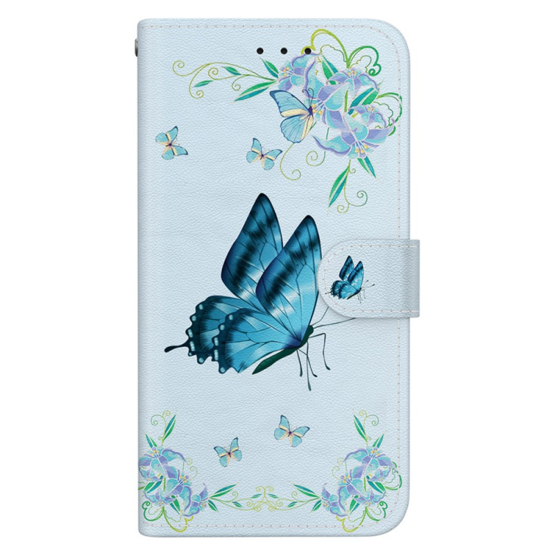 Housse Moto G54 5G Papillon Bleu et Fleurs à Lanière