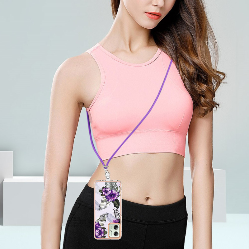 Coque Avec Cordon Pour Motorola Moto G54 5G - Étui à Lanière, Style Ailes Violettes, Protection Anti-choc