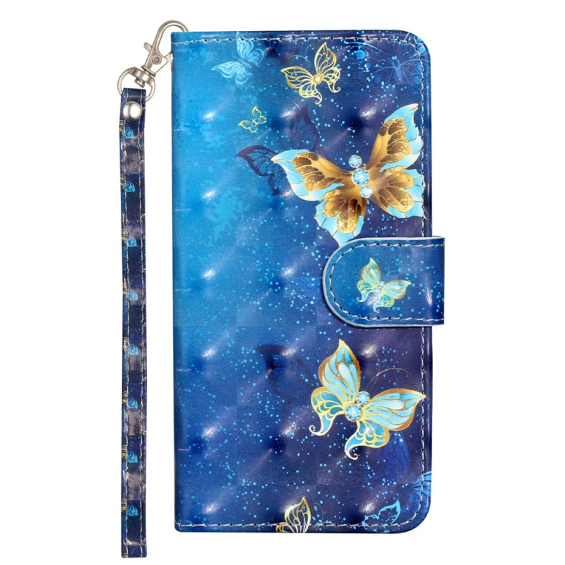 Housse Xiaomi Redmi 13C / Poco C65 Papillons Bleu Dorés à Lanière