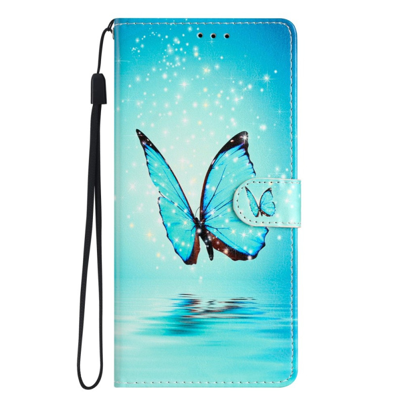 Housse Xiaomi Redmi 13C / Poco C65 Papillon Bleu en Vol à Lanière