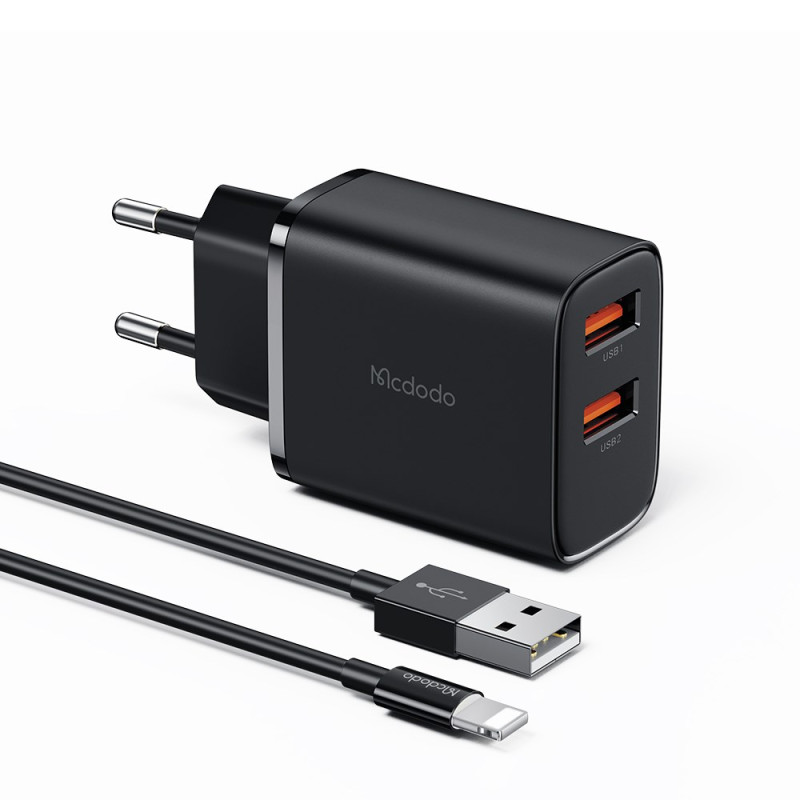 Ensemble de Chargeur Mural avec 2 USB-A 2.4A, Câble USB vers iP et Adaptateur de Voyage MCDODO