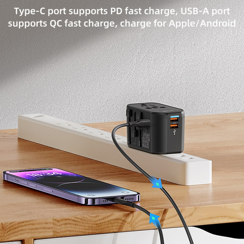 Convertisseur de Prise de voyage Mondial avec double USB + Type-C