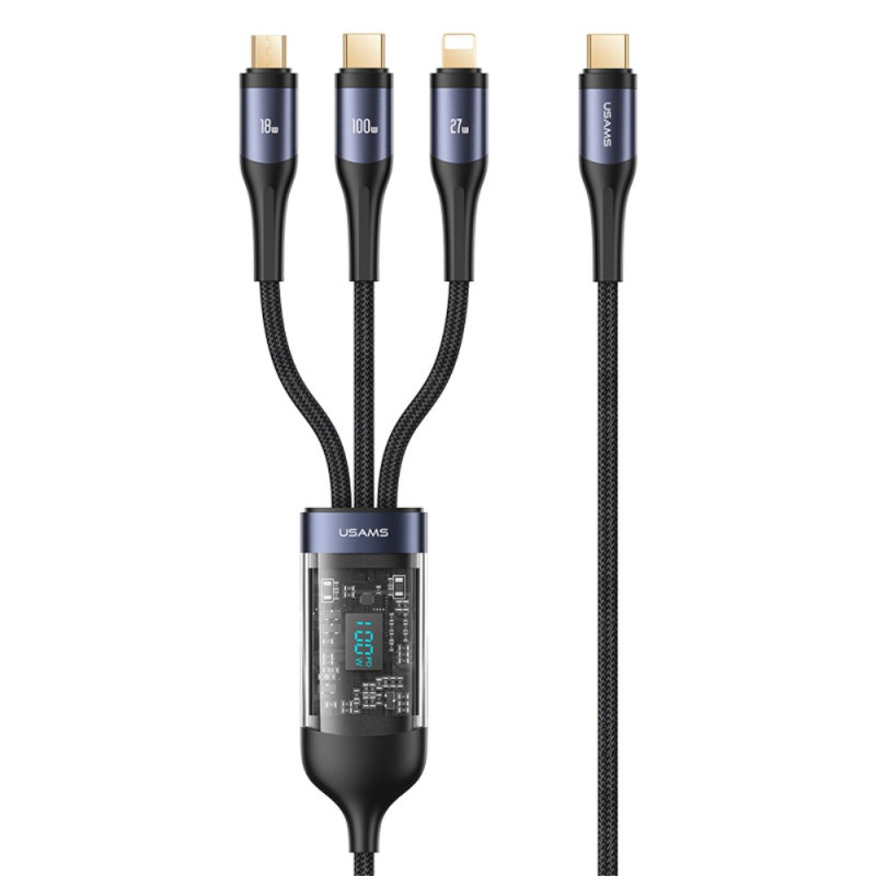 Câble de Données de Charge Rapide 3-en-1 USB-C vers Lightning / Type-C / Micro de 1,2m USAMS