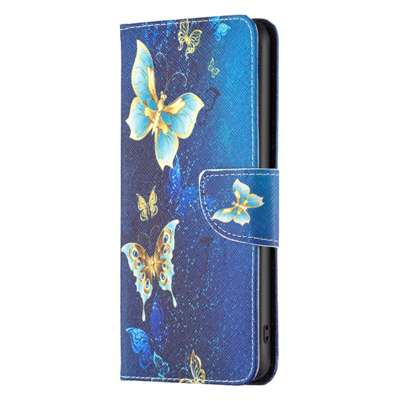 Housse Samsung Galaxy S24 Ultra 5G Papillons Dorés sur Fond Bleu