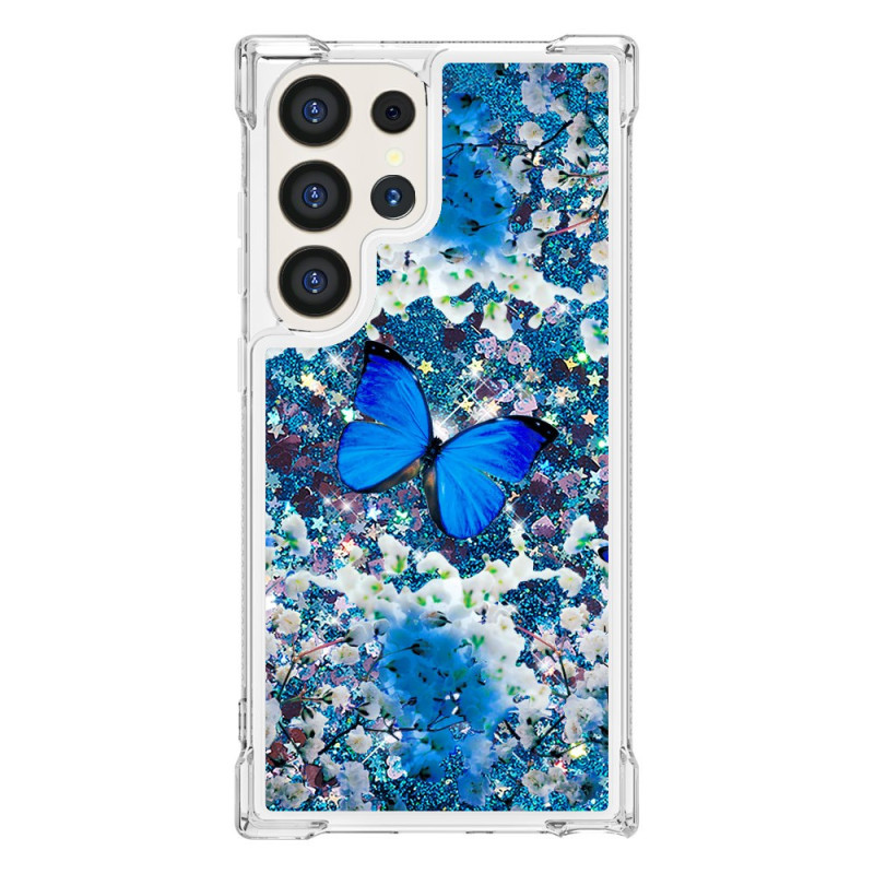 Coque Samsung Galaxy S24 Ultra 5G Paillettes Papillon Bleu