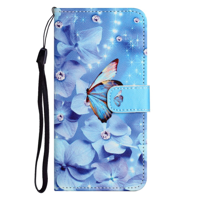 Housse Samsung Galaxy A05s Fleurs et Papillons Bleus à Lanière