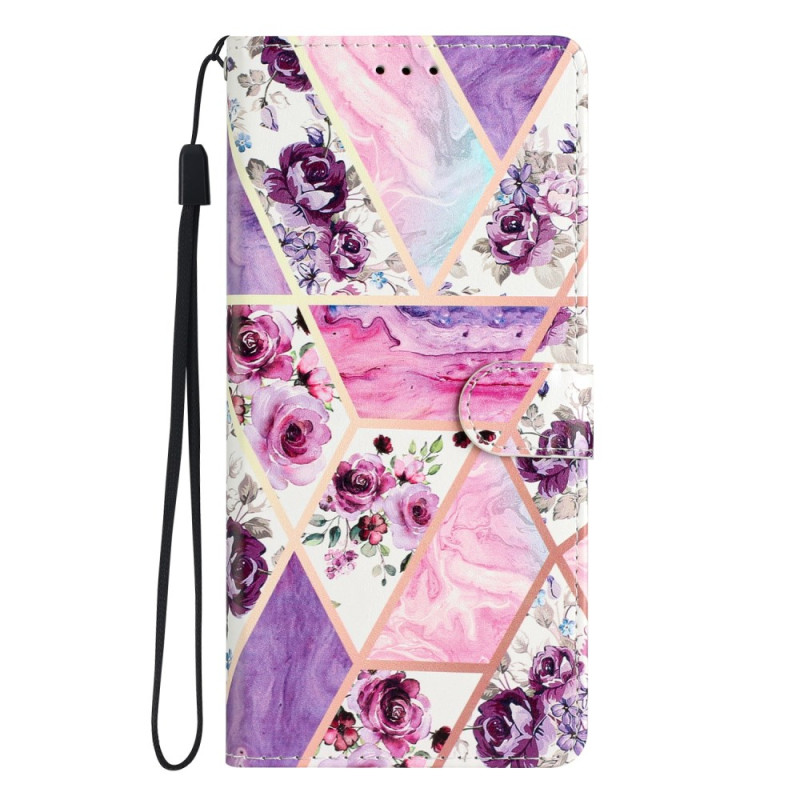 Housse Xiaomi 13T / 13T Pro Marbre et Fleurs Violettes à Lanière