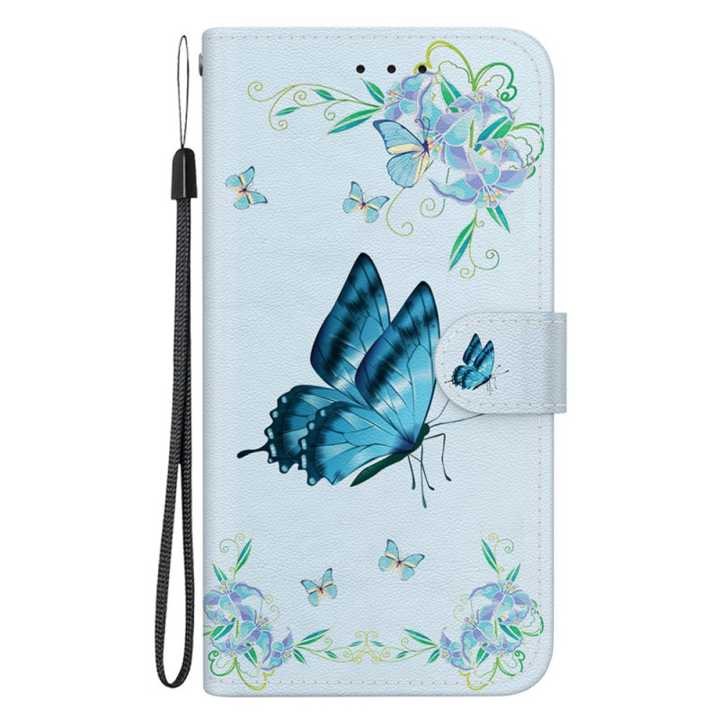 Housse Xiaomi Redmi Note 12S Papillon Bleu et Fleurs à Lanière