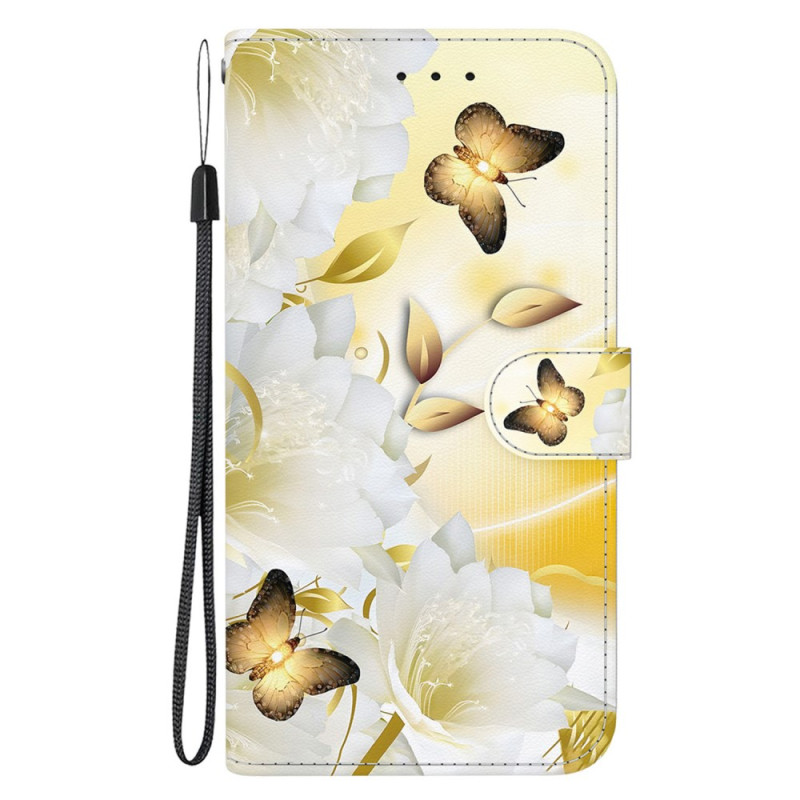 Housse Xiaomi Redmi Note 12S Papillons Dorés et Fleurs à Lanière