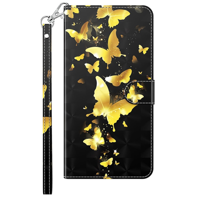 Housse Samsung Galaxy A55 5G Papillons Dorés en Vol à Lanière