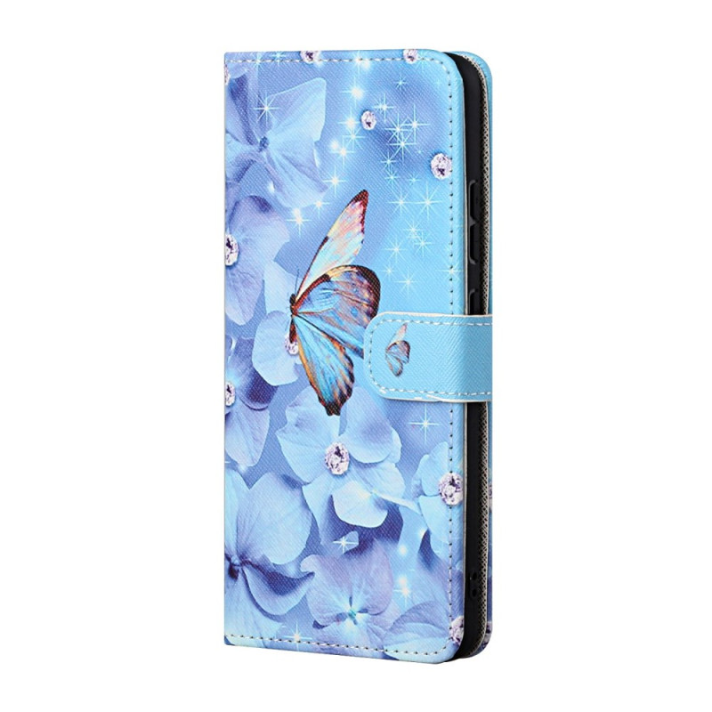 Housse Google Pixel 8A Fleurs et Papillons Bleus à Lanière