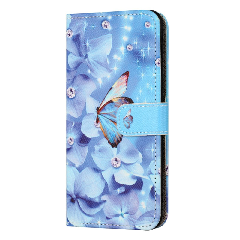 Housse Xiaomi Redmi Note 13 4G Fleurs et Papillon Bleus à Lanière