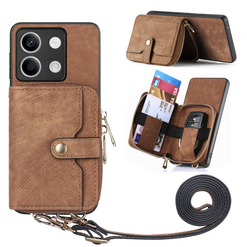 Coque Xiaomi Redmi Note 13 5G Rétro avec Poche à Fermeture Éclair et Lanière