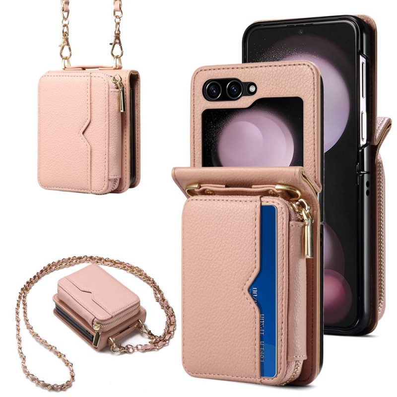 Coque Samsung Galaxy Z Flip 7 FE / Z Flip 6 Porte-Cartes à Fermeture Éclair et Bandoulière en Chaîne