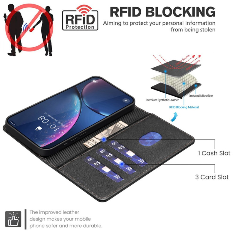 Coque Flip Magnétique Pour Xiaomi Redmi 15 5G/4G - Cuir PU, Verre Trempé Inclus - Porte-cartes RFID - Noir