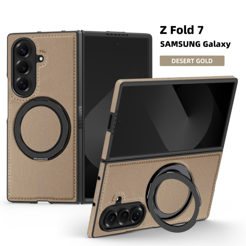 Coque Samsung Galaxy Z Fold 7 Compatible MagSafe Effet Cuir avec Anneau-Support Rotatif à 360°