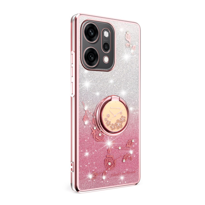 Coque Oppo Reno 14 5G Fleurs et Strass avec Anneau-Support