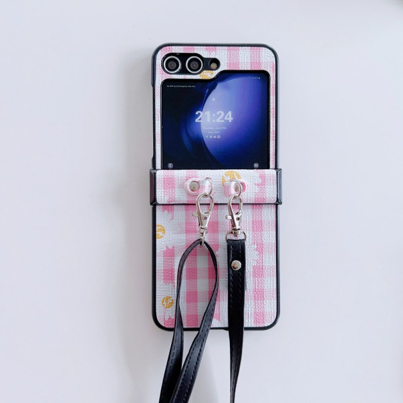 Coque Samsung Galaxy Z Flip 7 FE / Z Flip 6 Motifs Floraux et Quadrillés à Bandoulière