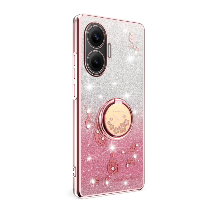 Coque Poco F7 Anneau-Support Fleurs et Strass
