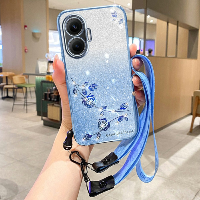 Coque Poco F7 Fleurs et Strass à Lanière