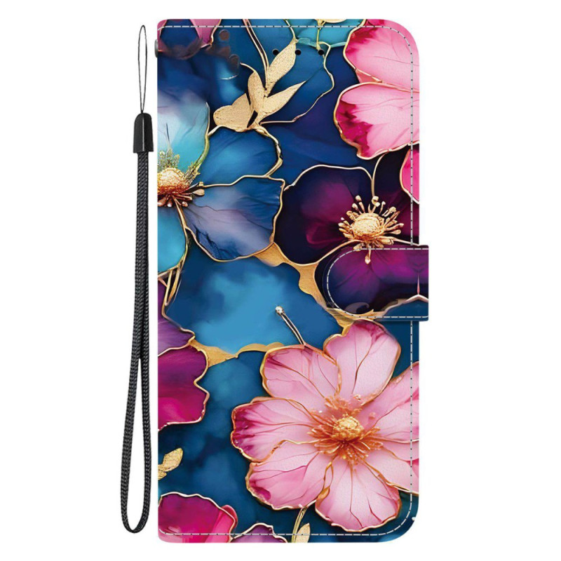 Housse Moto G86 5G Motif Floral Bleu et Or